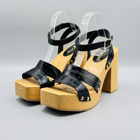 Free People Sandals Womens 10 Black Wood Platform Ankle Strap Block Heel - Picture 4 of 13